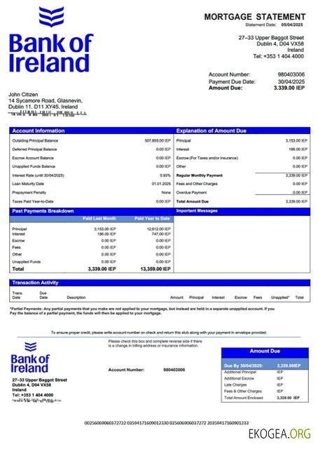 Modèle Word et PDF de relevé hypothécaire de la Banque d'Irlande d'Irlande